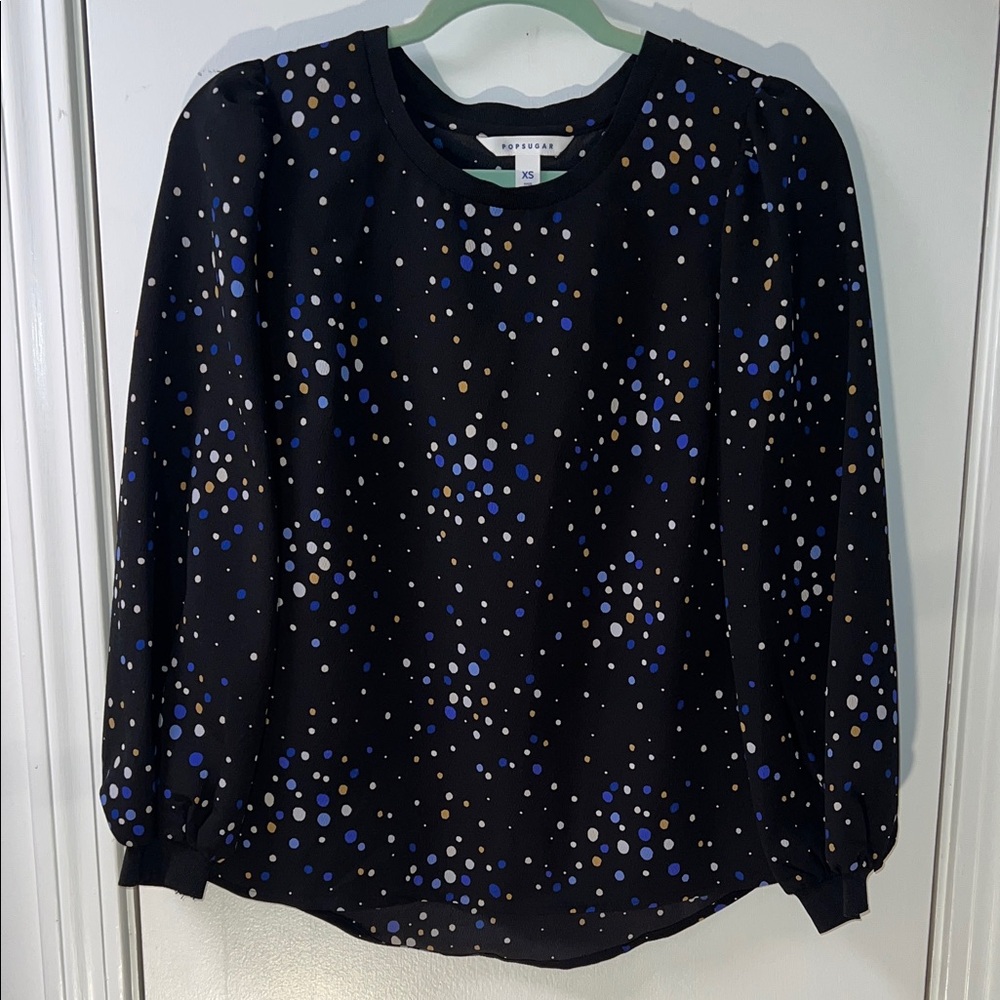 POPSUGAR Black Top with Blue and Gold Dots
